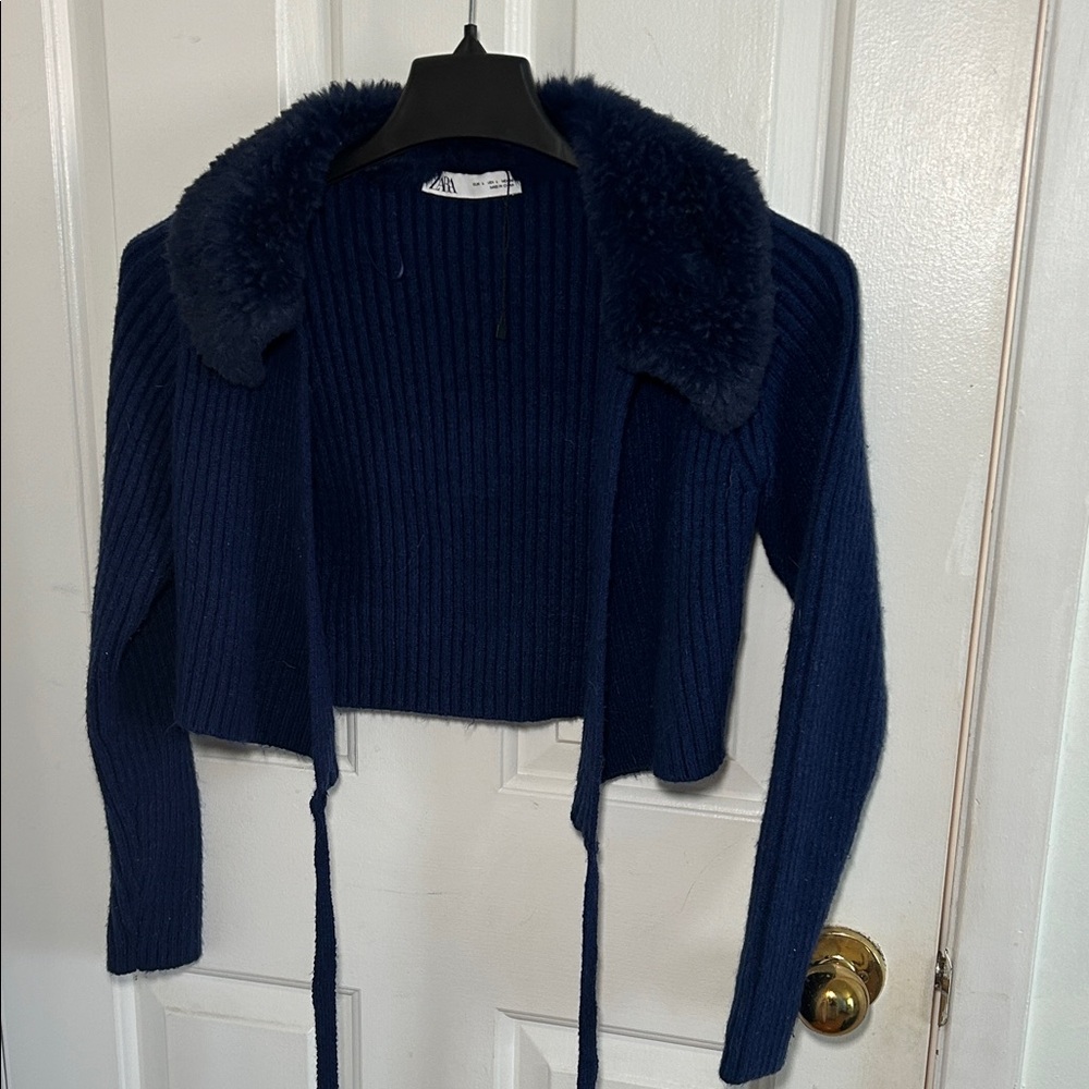 Zara Dark Blue/Navy Cardigan with Faux Fur Collar